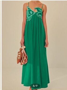 Commense Green Maxi Cami Dress with Embroidered Fish Semi Sheer Medium